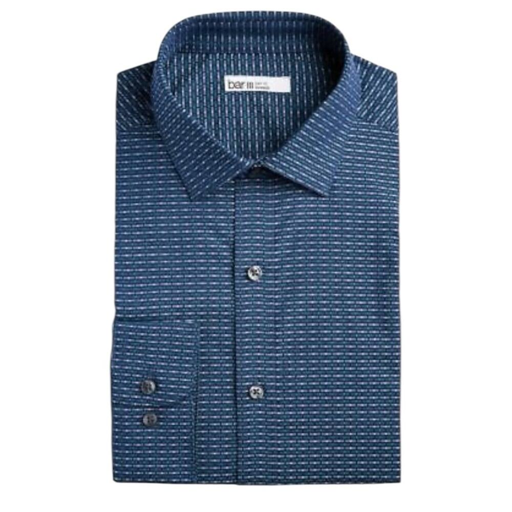 Bar III Slim Fit Stretch Men’s Button-Up Print Dress Shirt Navy Blue XL 17.5